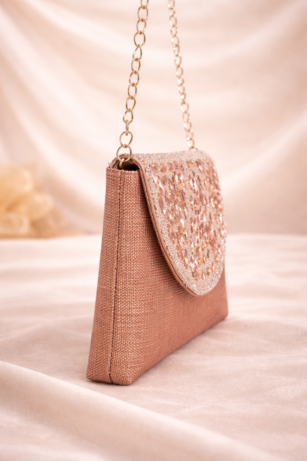 Mirae Rose Gold Clutch With Crystals