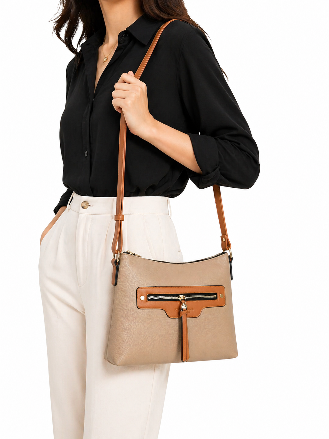 Mirae Tan Leather Sling Bag With Gold Accent