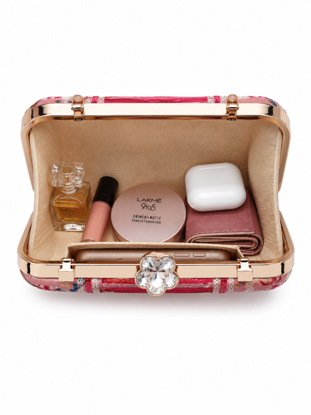 Mirae Red Embellished Clutch With Floral Patterns