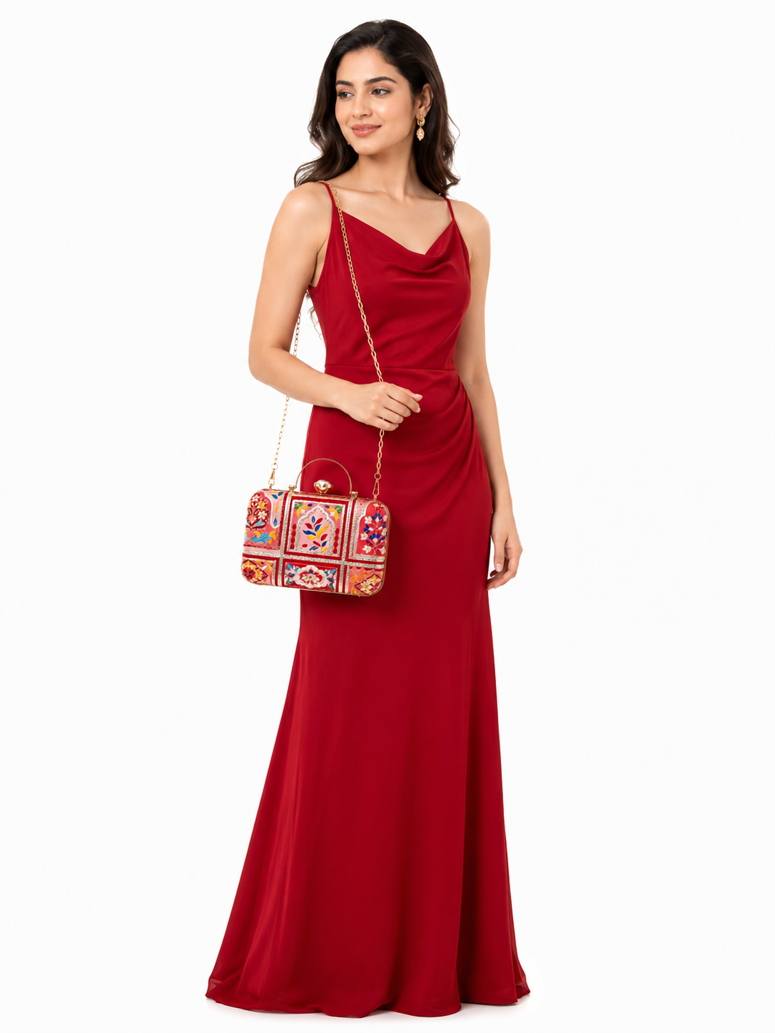Mirae Red Embellished Clutch With Floral Patterns