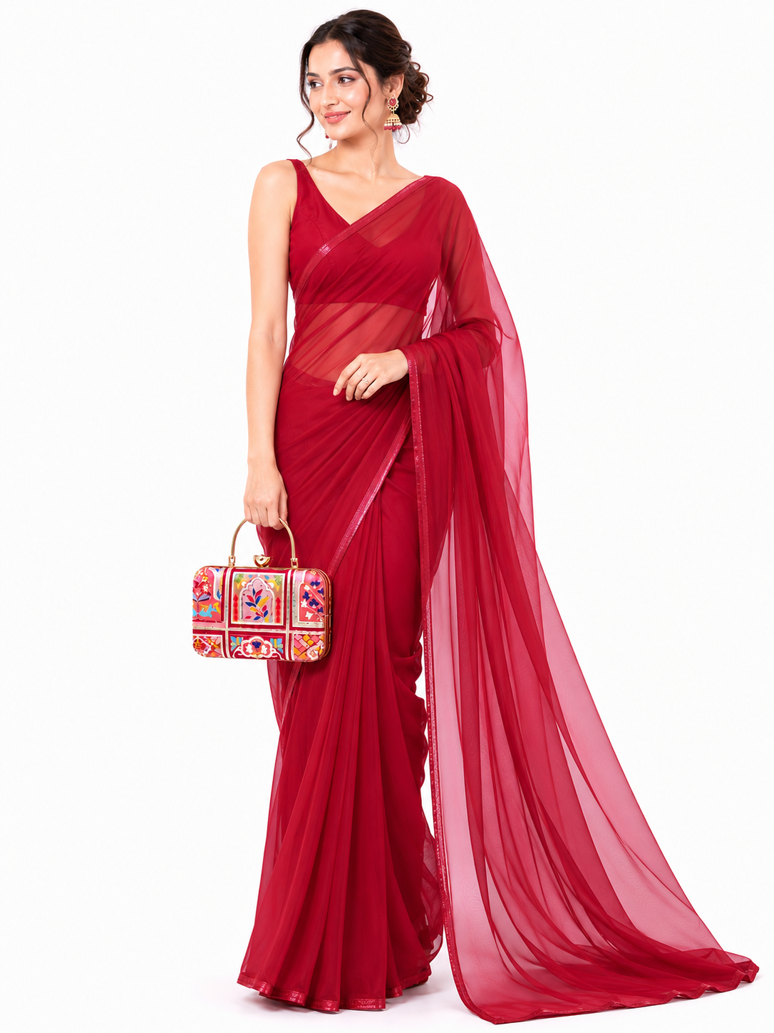 Mirae Red Embellished Clutch With Floral Patterns