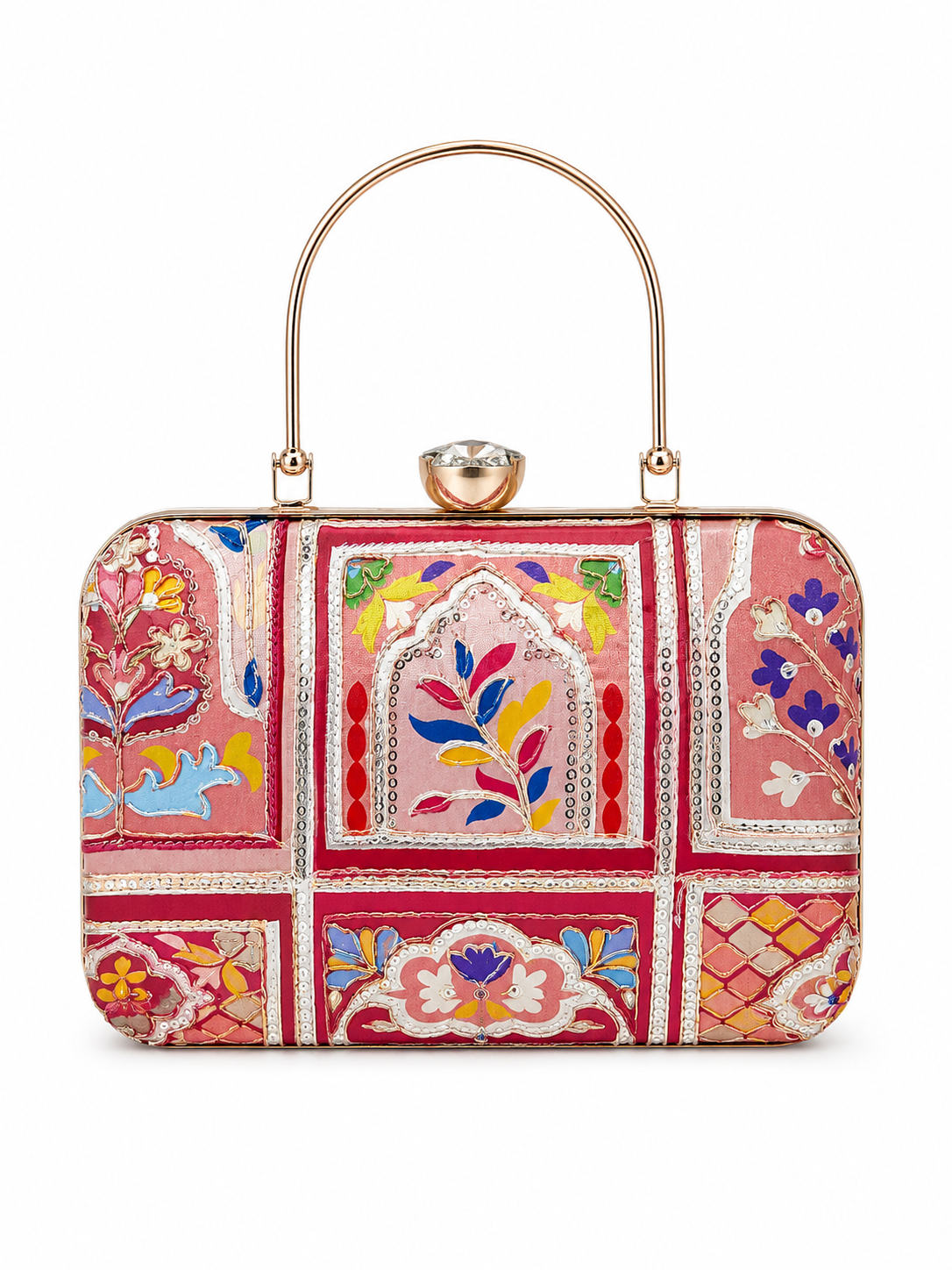 Mirae Red Embellished Clutch With Floral Patterns