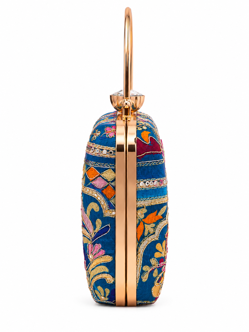 Mirae Blue Embellished Clutch With Floral Patterns