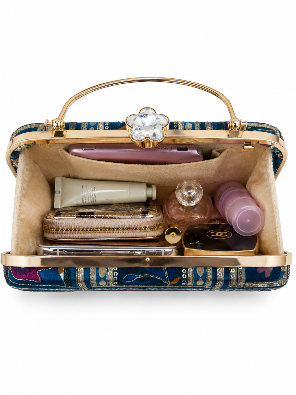 Mirae Blue Embellished Clutch With Floral Patterns