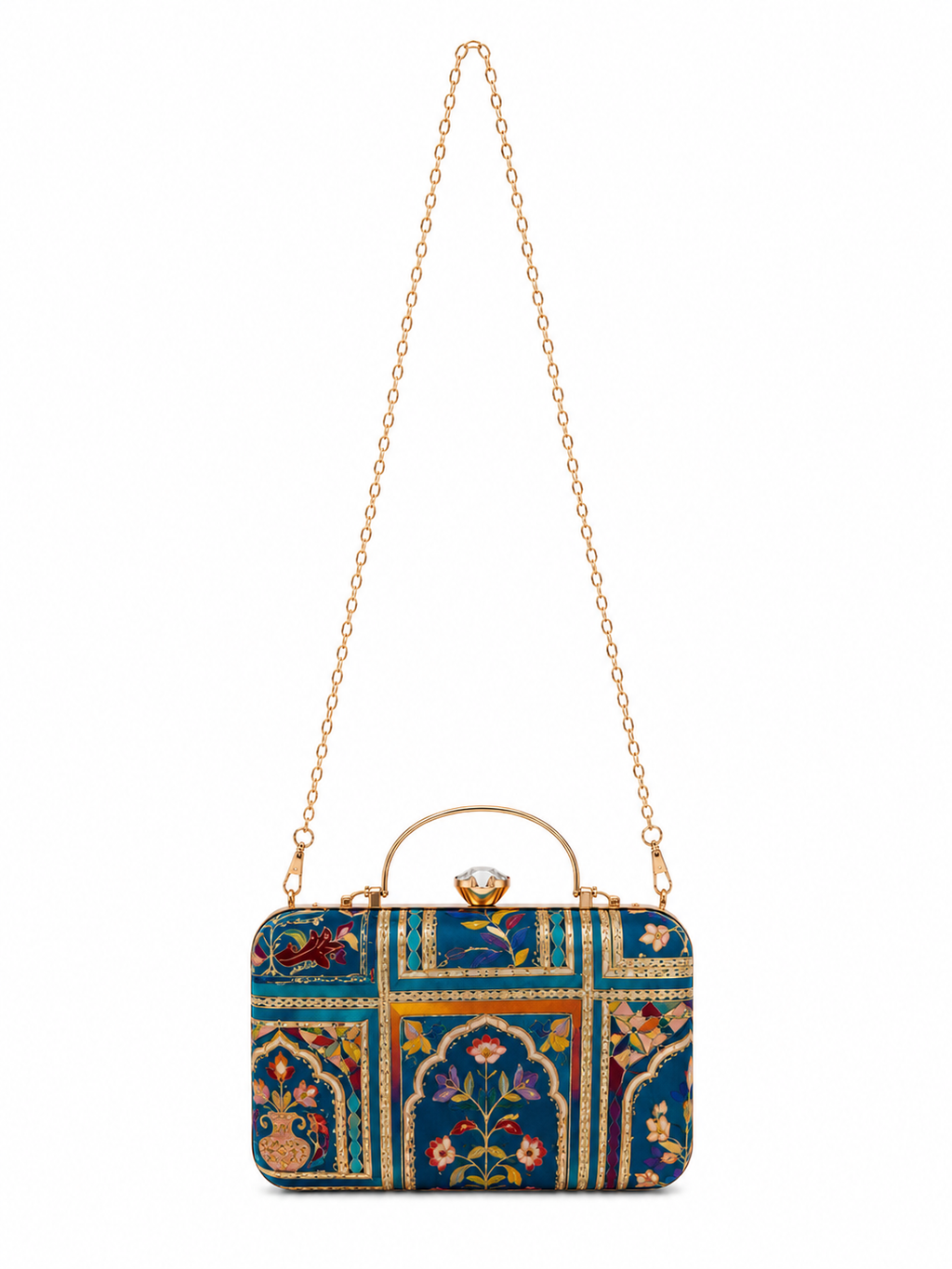 Mirae Blue Embellished Clutch With Floral Patterns