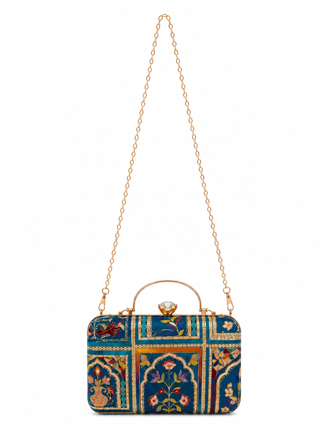 Mirae Blue Embellished Clutch With Floral Patterns