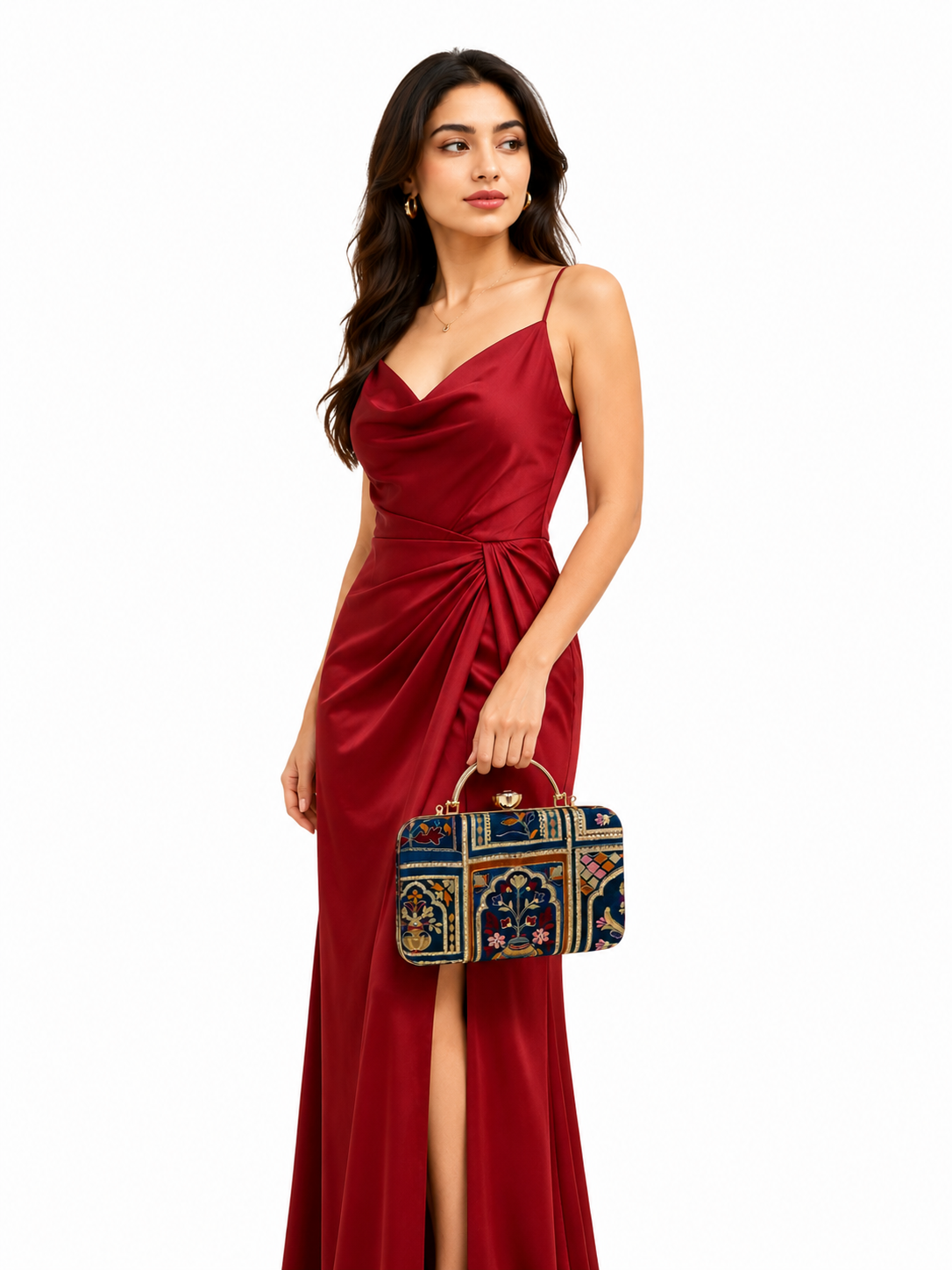 Mirae Blue Embellished Clutch With Floral Patterns