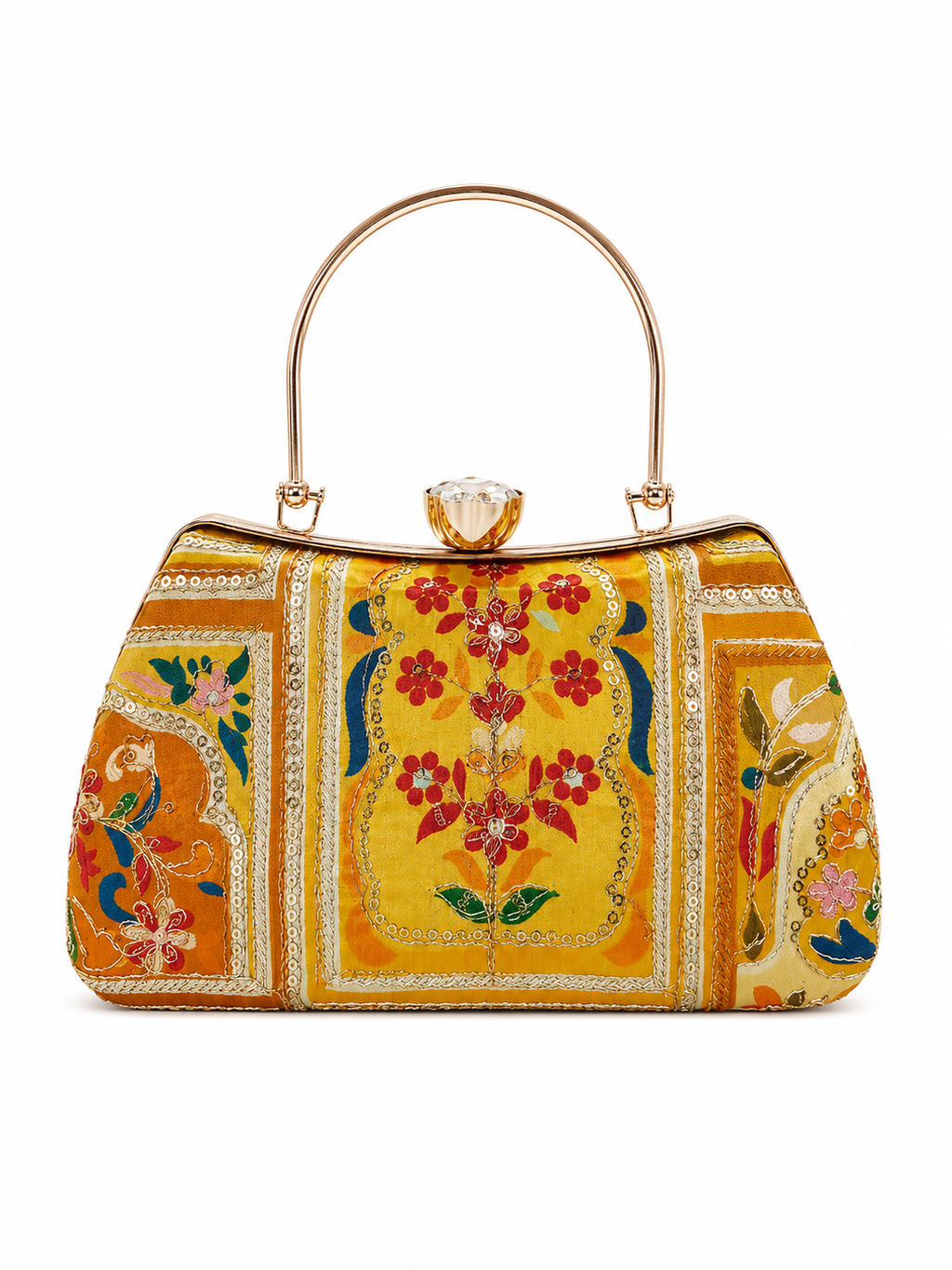 Mirae yellow Embellished Clutch With Floral Patterns