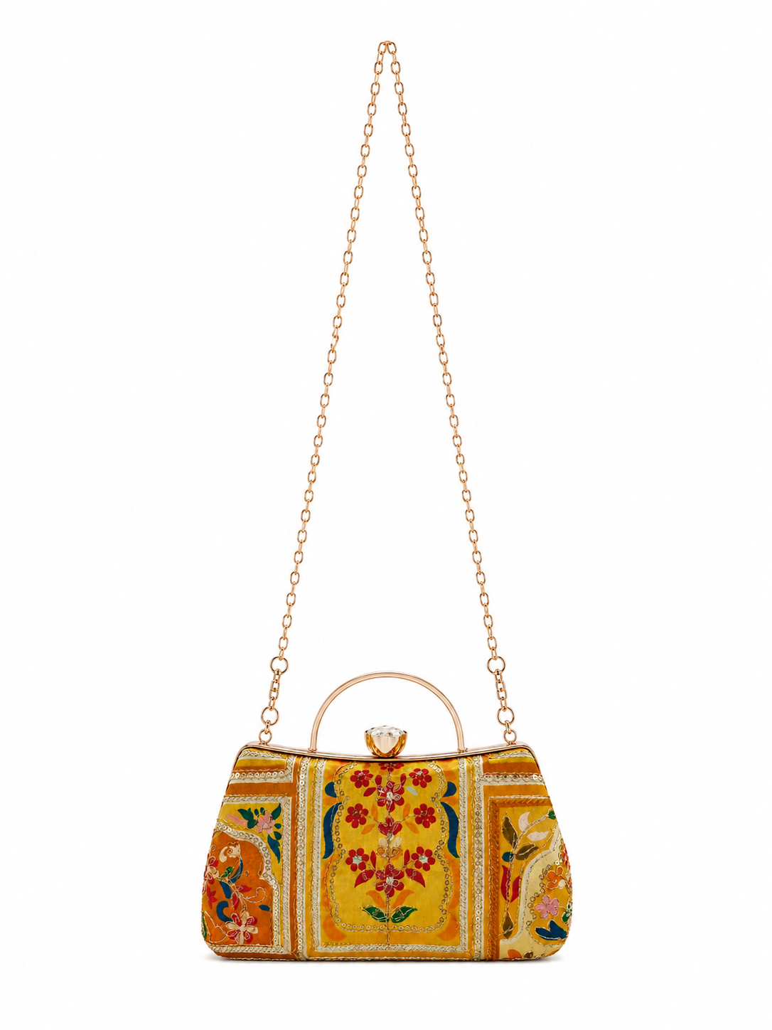 Mirae yellow Embellished Clutch With Floral Patterns