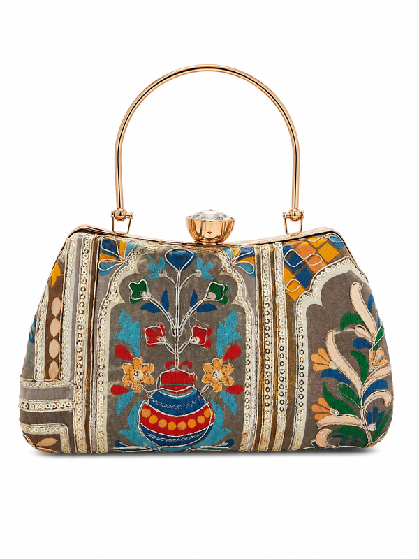 Mirae Green Embellished Clutch With Floral Patterns