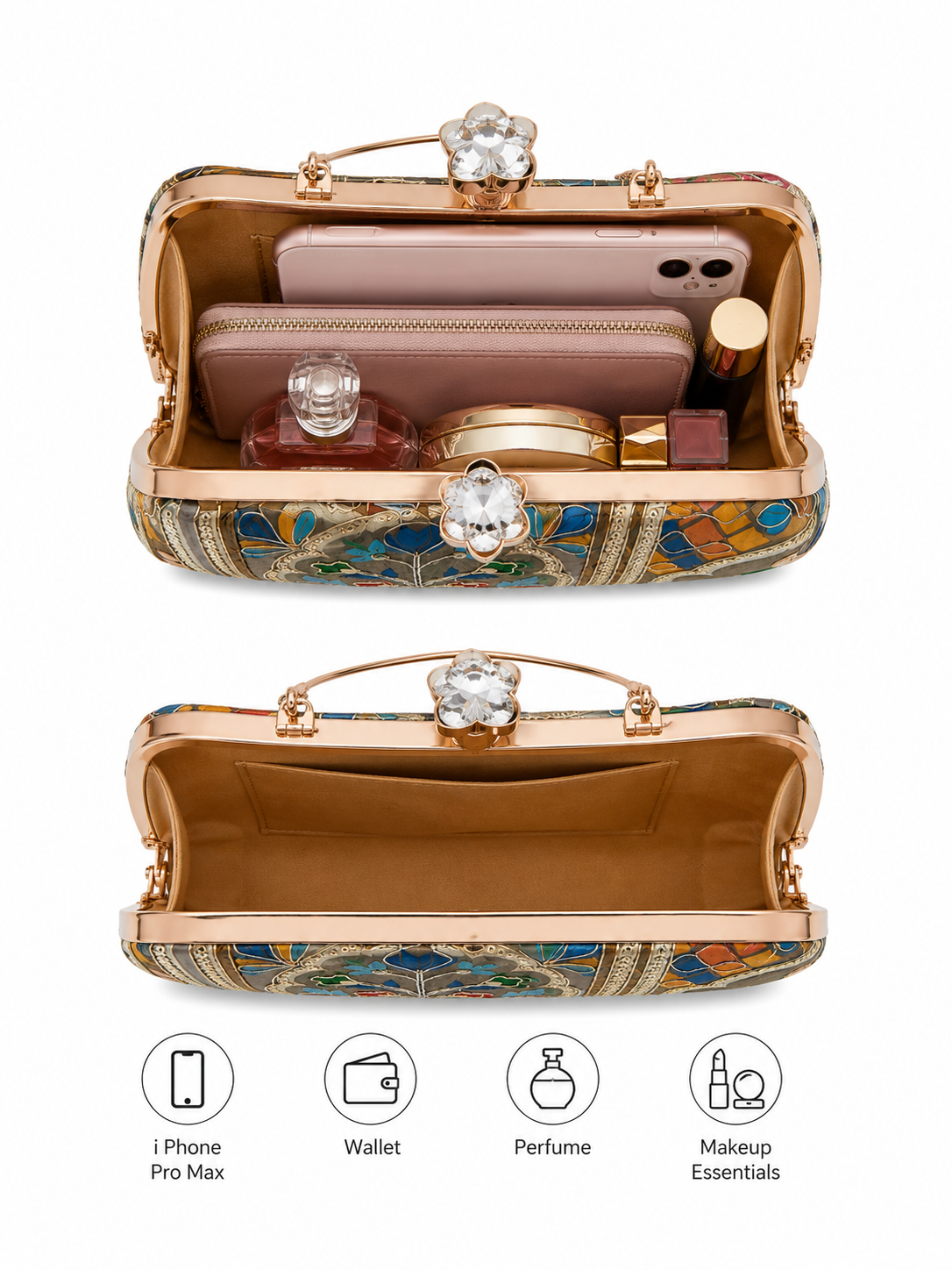 Mirae Green Embellished Clutch With Floral Patterns