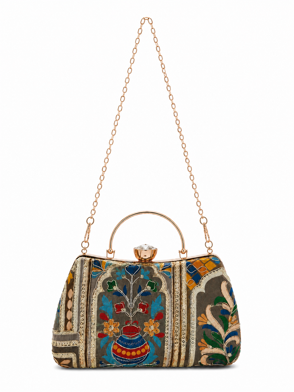 Mirae Green Embellished Clutch With Floral Patterns