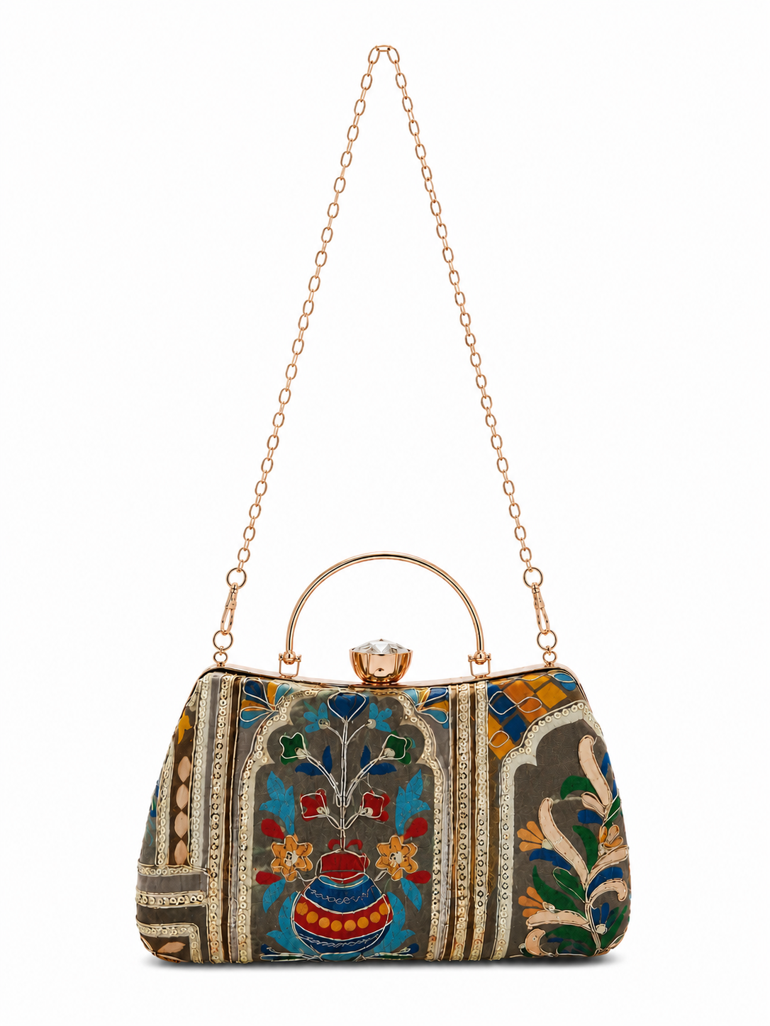 Mirae Green Embellished Clutch With Floral Patterns