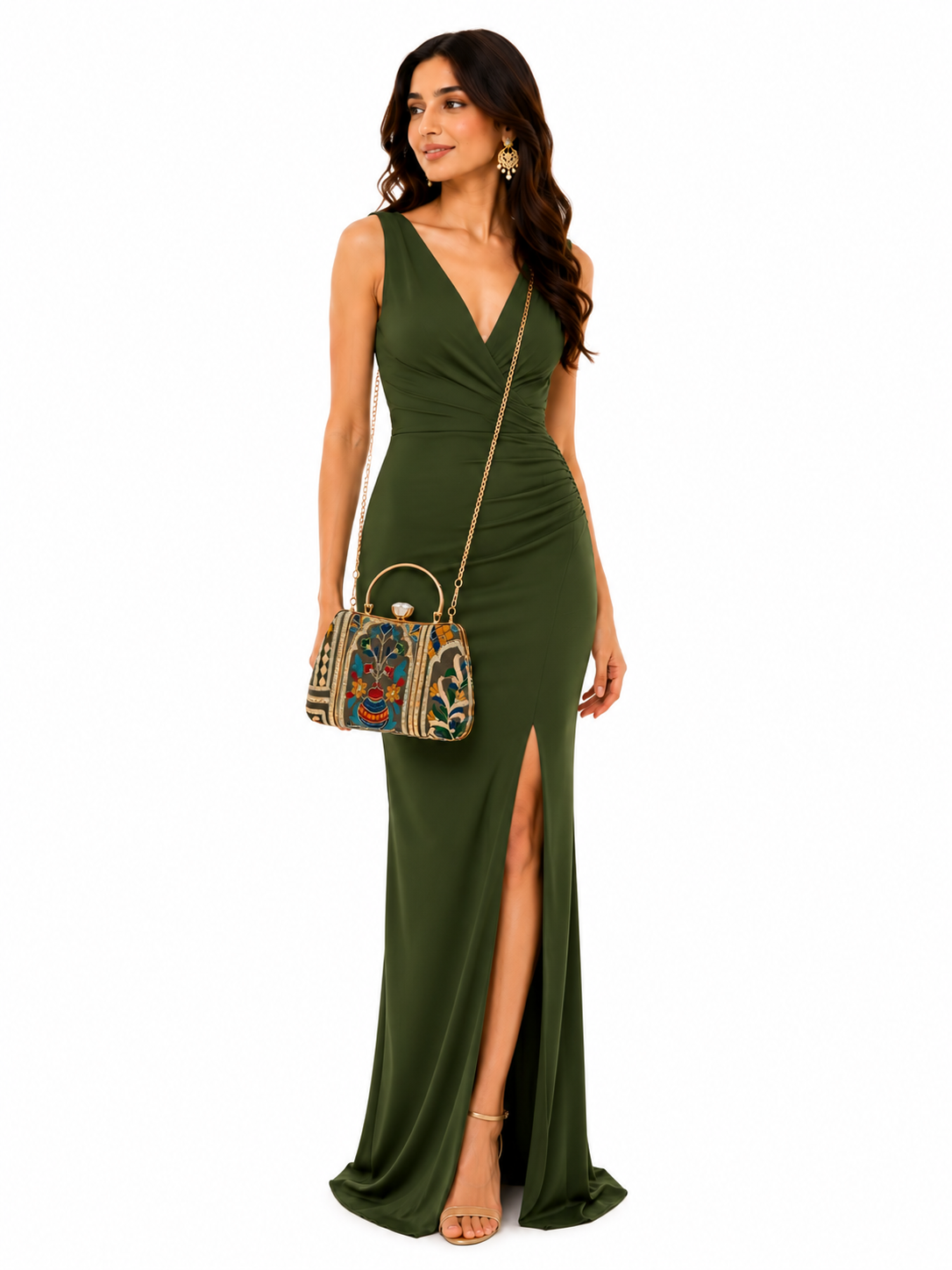 Mirae Green Embellished Clutch With Floral Patterns