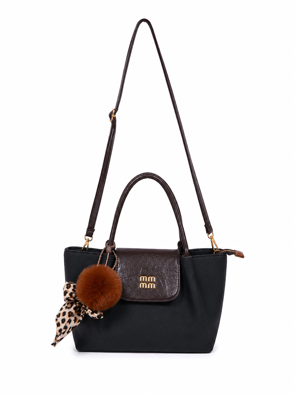Mirae Black Leather Bag With Pom-Pom Charm