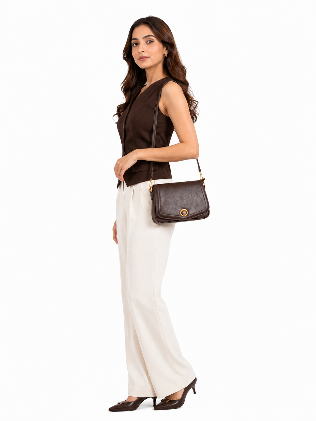 Mirae Brown Leather Bag With Gold Accents