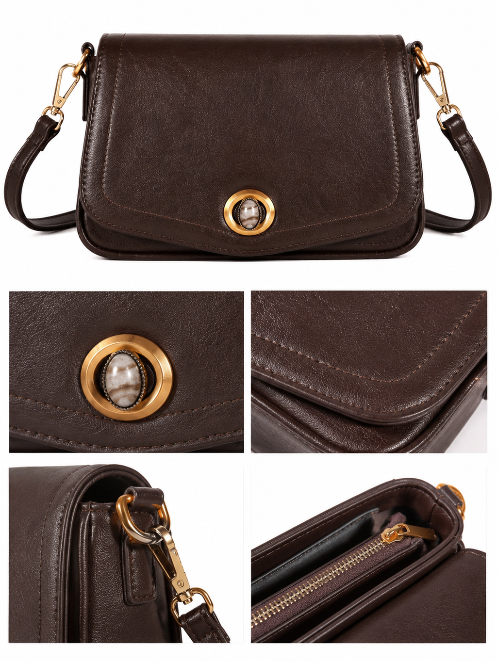 Mirae Brown Leather Bag With Gold Accents
