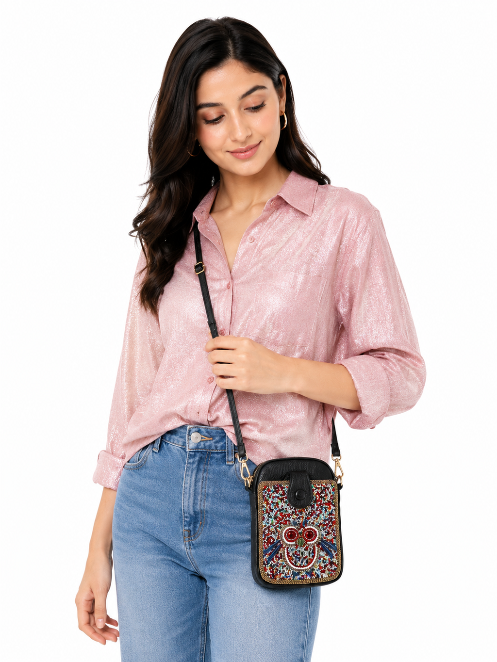 Mirae Beaded Owl Crossbody Bag