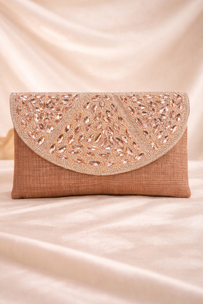 Mirae Rose Gold Clutch With Crystals