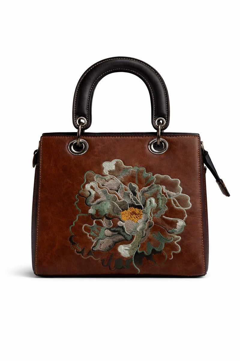 Mirae Embroidered  Peony Leather Handbag