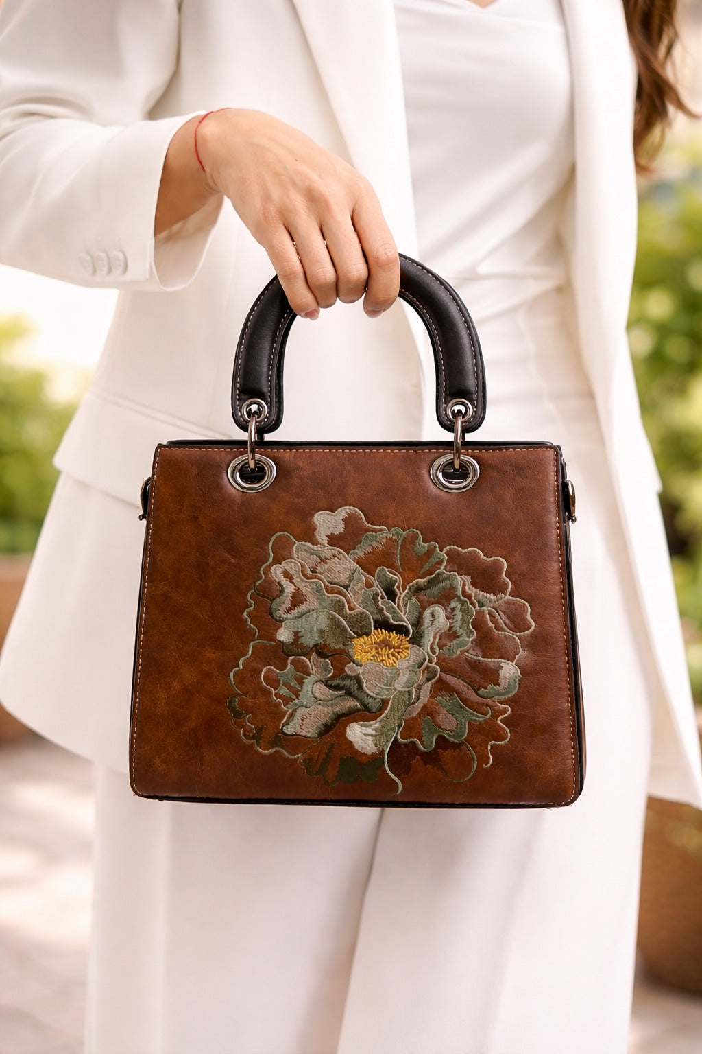 Mirae Embroidered  Peony Leather Handbag