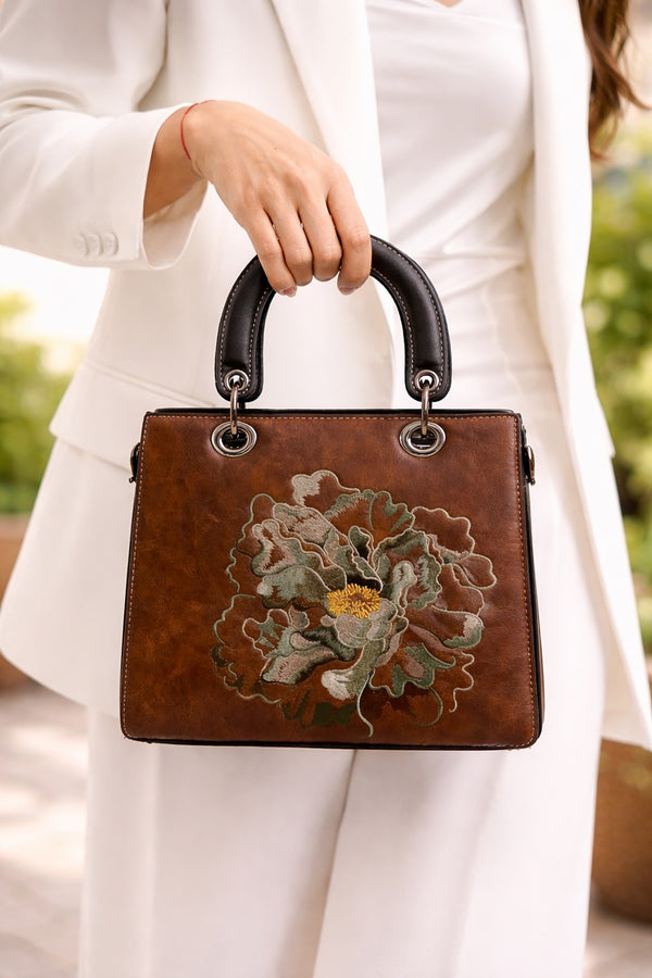 Mirae Embroidered  Peony Leather Handbag